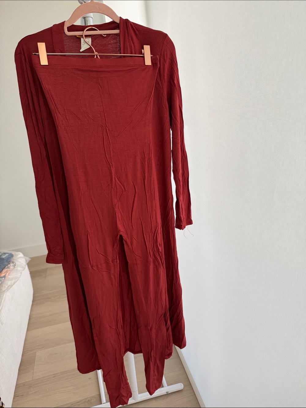 Long Burgundy Maxi Cardigan and Jumpsuit